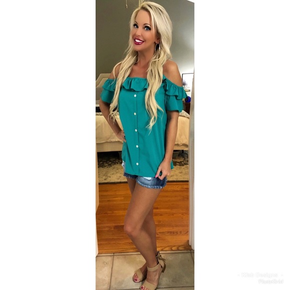 💕LAST 2! Teal Ruffled Woven Open Shoulder Blouse - Picture 3 of 8